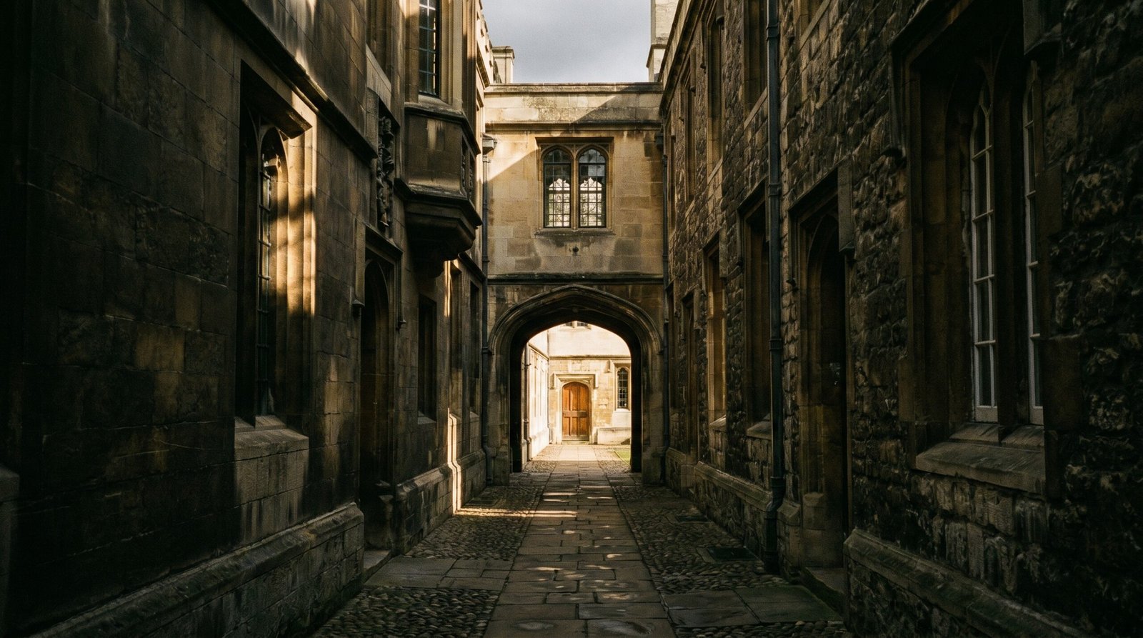 A medieval passageway between Cambridge college courts in late afternoon light