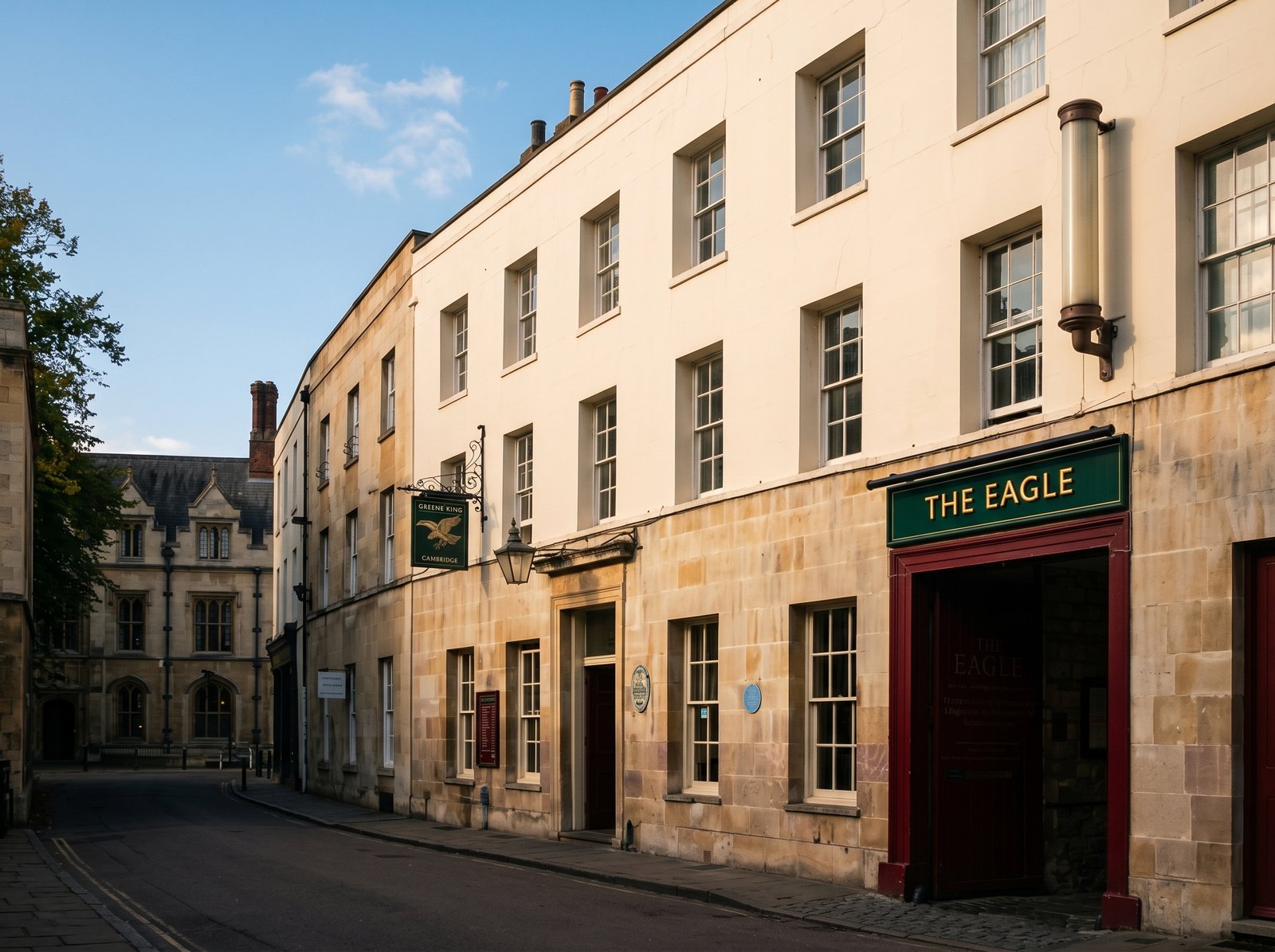 The Eagle pub on Bene&rsquo;t Street, Cambridge, in late-afternoon light