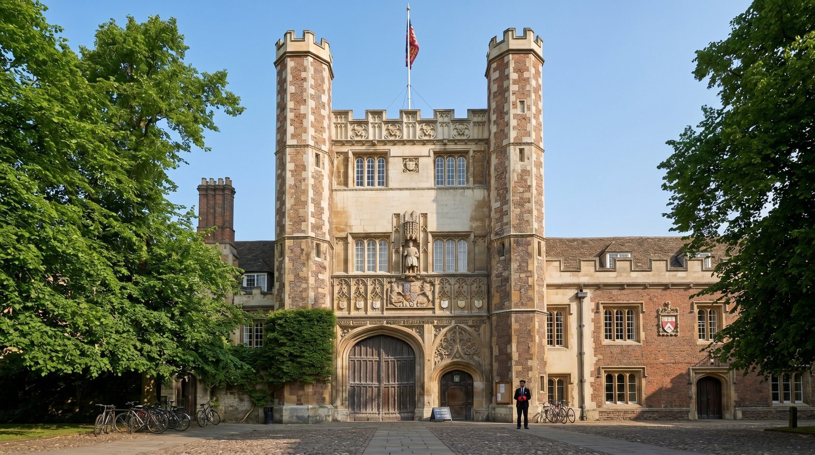 Trinity College Great Gate, Cambridge, at golden hour — the gatehouse that hides the courtyard where the Cambridge spies were recruited