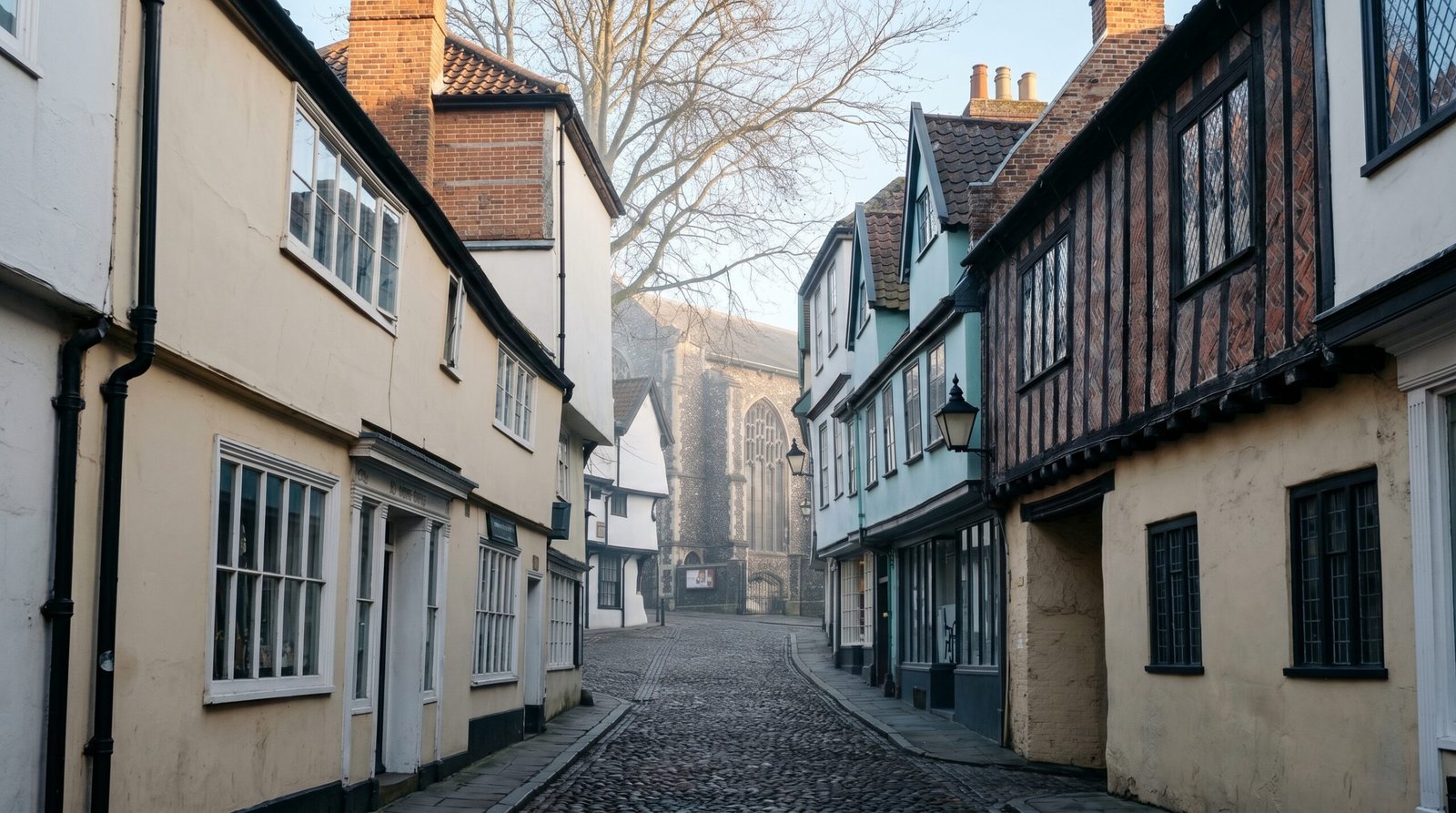 Elm Hill, Norwich — a cobbled medieval lane curving uphill between Tudor timber-framed buildings at dusk