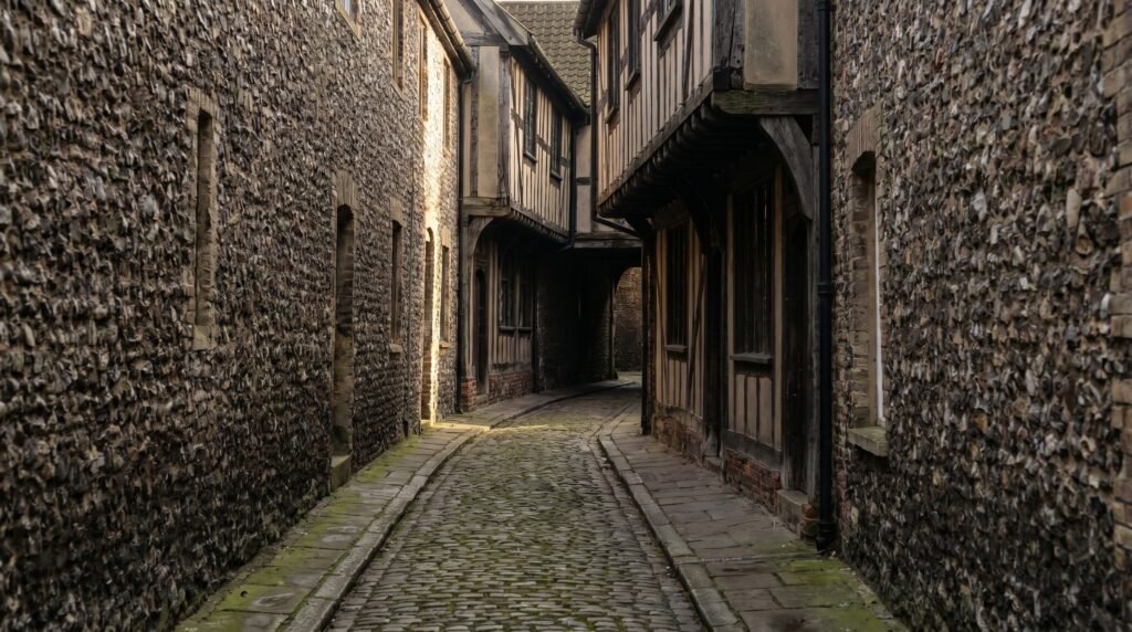 A narrow cobbled medieval alley in Norwich at late afternoon, flint walls and timber buildings drawing the eye into shadow
