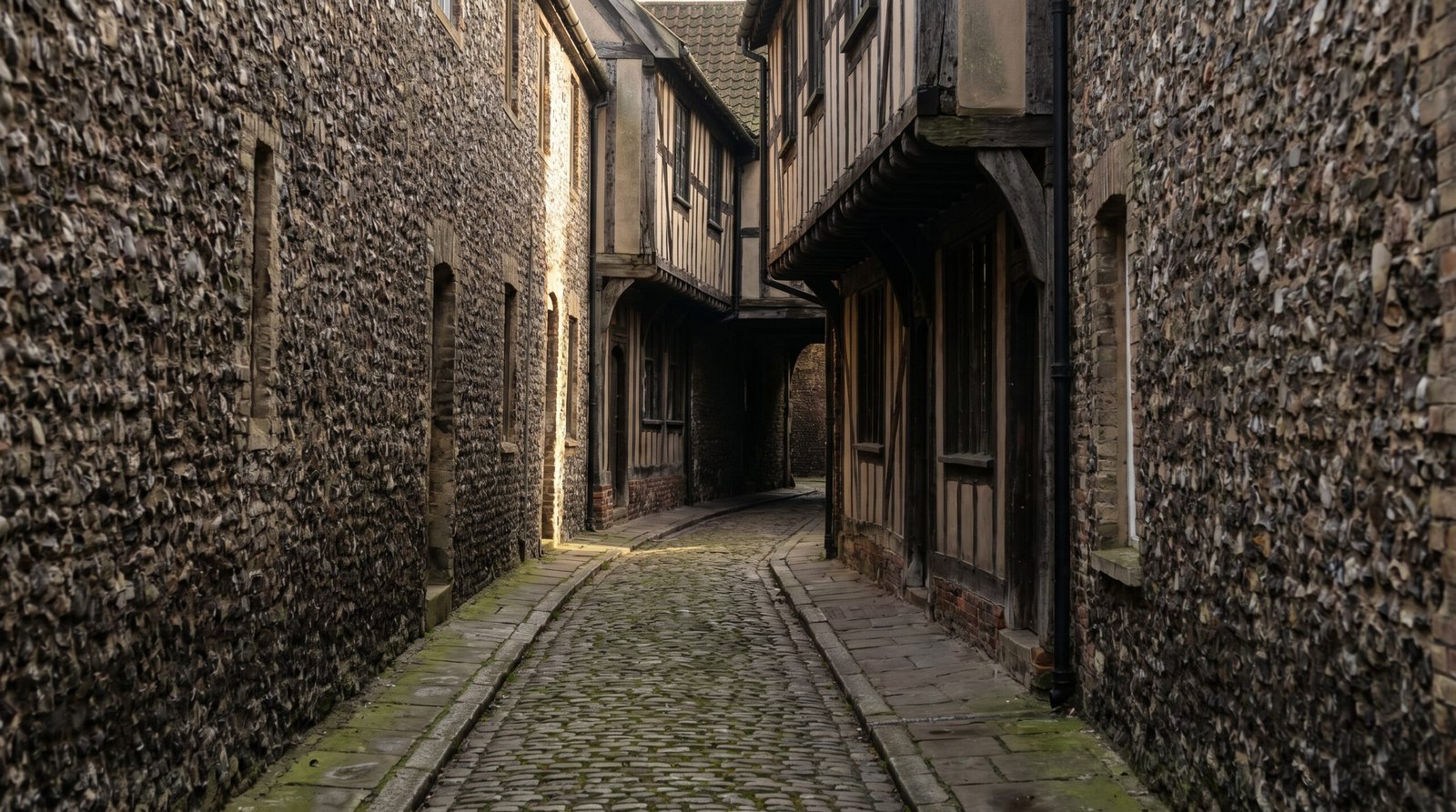A narrow cobbled medieval alley in Norwich at late afternoon